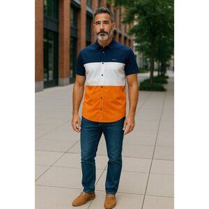 Armani Exchange Mens Blue/White/Orange Button Down Casual Slim Fit Shirt Size M
